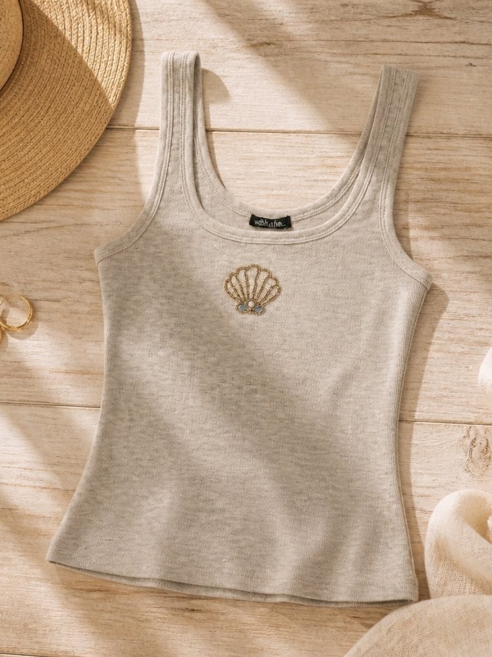 wild fable Cream Ribbed Shell-Embroidered Tank